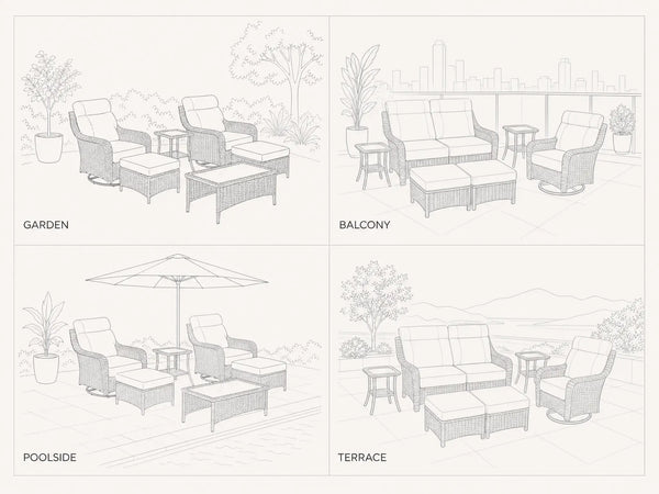 OuterCraft outdoor patio furniture spatial layout guide for garden, balcony, poolside, and terrace setup options