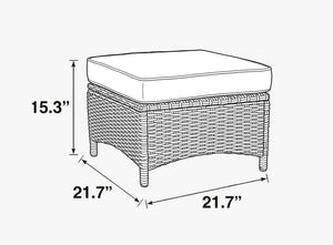 OuterCraft patio dark wicker ottoman size guide showing dimensions of 21.7 inches square top and 15.3 inches total height with cushion