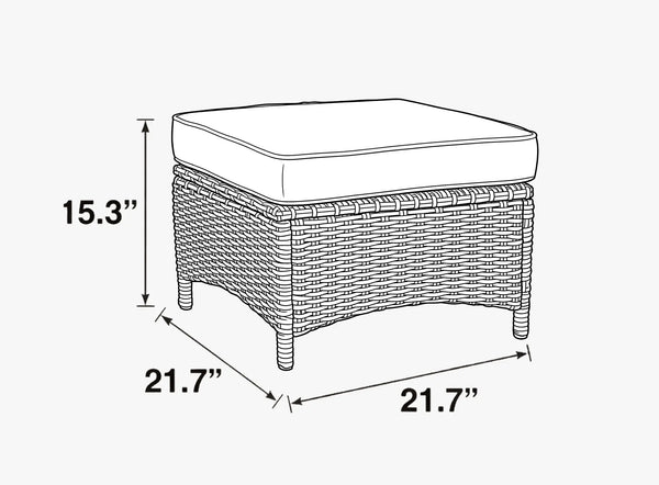 OuterCraft patio dark wicker ottoman size guide showing dimensions of 21.7 inches square top and 15.3 inches total height with cushion