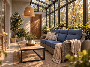 OuterCraft 3-seater wicker sofa with blue cushions showcased in a luxury sunroom lifestyle setting.