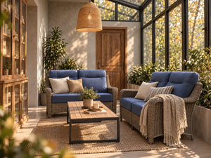 OuterCraft loveseat wicker with blue cushions showcased in a luxury sunroom lifestyle setting.