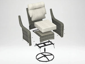 Exploded view diagram of OuterCraft outdoor swivel rocker chair showing inner metal base, wicker frame, and cushion assembly components