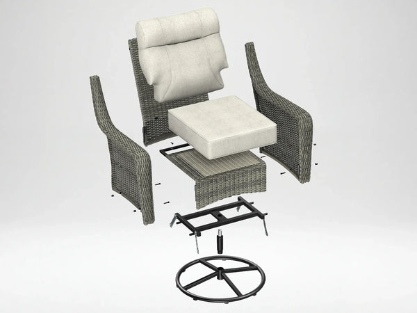 Exploded view diagram of OuterCraft outdoor swivel rocker chair showing inner metal base, wicker frame, and cushion assembly components