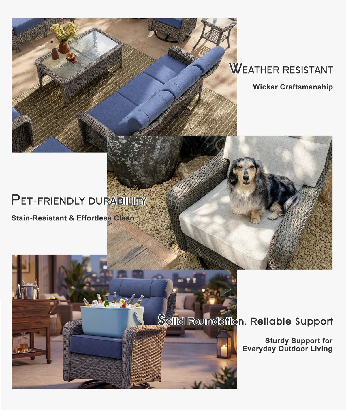 OuterCraft pet-friendly and weatherproof outdoor wicker sofa set with scratch-resistant Blue Olefin cushions