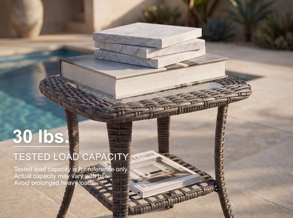 OuterCraft all-weather wicker patio side table featuring a tempered glass top and lower storage tier, securely supporting heavy marble decor to demonstrate a 30 lbs tested load capacity by the poolside.
