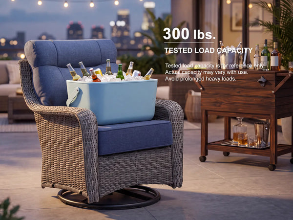 OuterCraft all-weather wicker swivel rocker with a high-density blue cushion, effortlessly supporting a heavy beverage cooler to demonstrate its 300 lbs tested load capacity, heavy-duty rotational base, and anti-sag structural integrity.