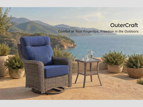 OuterCraft outdoor swivel rocker armchair showing smooth 360-degree motion, ergonomic high-back lumbar support, and all-weather Blue Olefin fabric