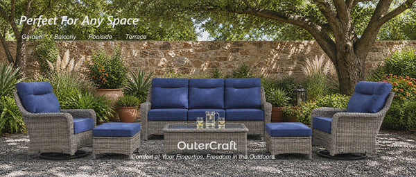 OuterCraft multi-scene video Perfect For Any Space showing modular patio furniture transitioning across garden, balcony, poolside, and terrace settings