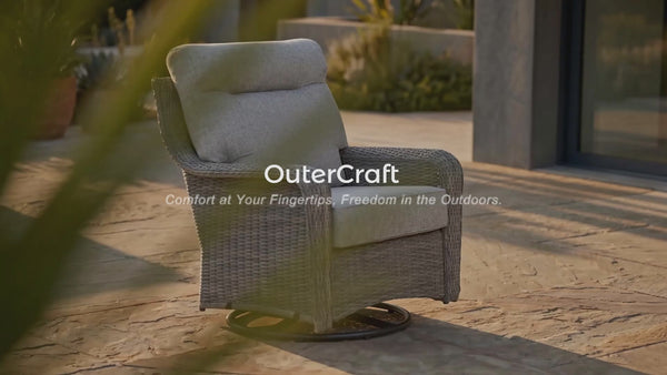 Demonstration video of OuterCraft swivel rocker chair showing solution-dyed Olefin fabric water-repellent pour test, easy stain wiping, and ergonomic high-back support