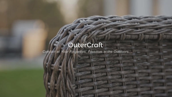 Shoppable hero video of OuterCraft featuring macro close-up of all-weather hand-woven PE wicker armrest 