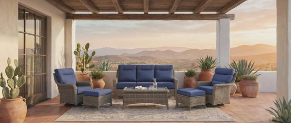 OuterCraft video demonstrating seamless modular configuration switches between swivel rocker sets, 3-seat sofa conversation sets, and grand patio lounge arrangements in a sunset villa setting