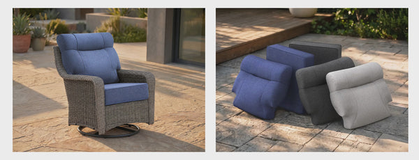 Split-screen video of OuterCraft swivel rocker chair demonstrating fabric color switching between blue, light gray, and dark gray, paired with Olefin cushion stack